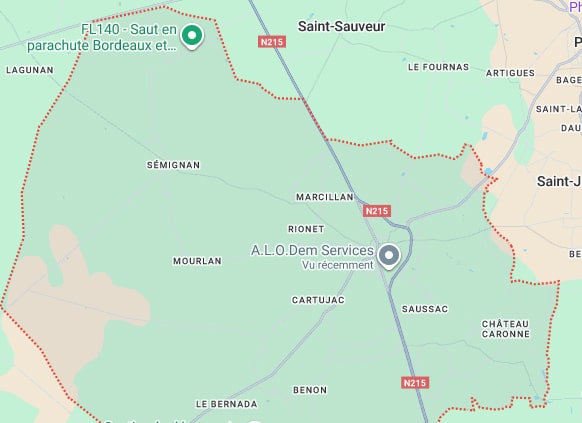 Carte d'une zone rurale française avec la N215, forêts, et localisations. Points d'intérêt: "Saut en parachute Bordeaux" et "A.L.O.Dem Services".