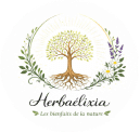 Logo Herbaélixia avec arbre de vie, lavande et marguerites. Slogan : Les bienfaits de la nature.